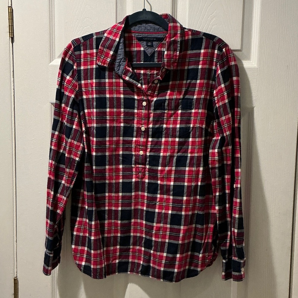 Tommy Hilfiger Red and Navy Plaid Womans Shirt Size Large